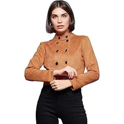 miss chase Women's Burnt Orange Mandarin Collar Full-Sleeve Solid Cropped Polyester Jacket-picture-13