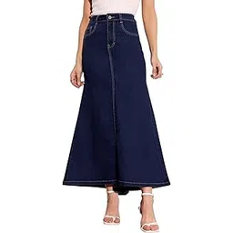 miss chase Women's Dark Blue Flared High Rise Stretchable Denim Maxi Skirt-picture-14