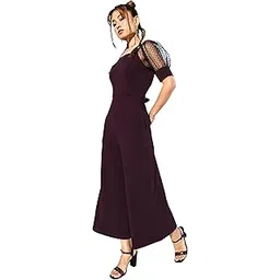 miss chase Women's Dark Purple & Black Solid Straight Leg Square Neck Half Sleeve Relaxed Fit Jumpsuit-picture-25