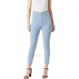miss chase Women's Light Blue Skinny Fringed Hemline Detailing High Rise Clean Look Cropped Solid Stretchable Denim Jeans-picture-13