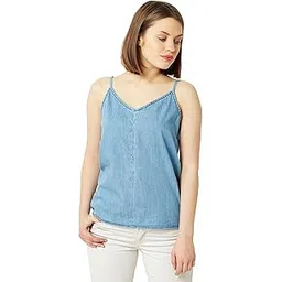 miss chase Women's Light Blue V Neck Sleeveless Cotton Solid Denim Regular Fit Spaghetti Top-picture-22