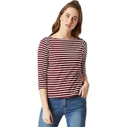 miss chase Women's Maroon & White Boat Neck 3/4th Sleeves Regular Basic Cotton Striped Top-picture-34