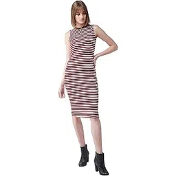 miss chase Women's Maroon and White Round Neck Sleeveless Striped Bodycon Dress-picture-11