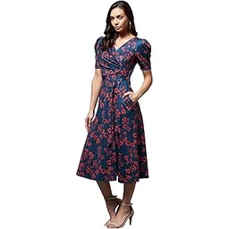 miss chase Women's Multicolored-Base-Blue V-Neck Pleated Puff Sleeve Floral Wrap Midi Polyester Dress-picture-14