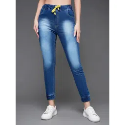 Miss Chase Women's Navy Blue Relaxed Fit Mid Rise Clean Look Scraping Detail Ankle Length Denim Joggers-picture-38