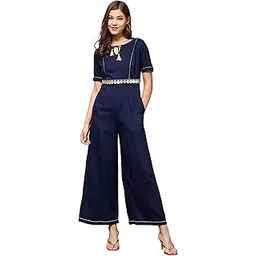 miss chase Women's Navy Blue Round Neck Half Sleeve Viscose Rayon Embellished Straight Leg Regular Jumpsuit-picture-13