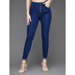 Miss Chase Women's Navy Blue Skinny High Rise Clean Look Solid Fringed Hemline Cropped Stretchable Denim Jeans-picture-39