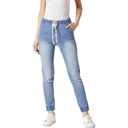 miss chase Women's Navy Blue Solid Mid Rise Clean Look Regular Length Stretchable Denim Distressed Jogger Pants-picture-22