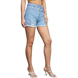 miss chase Women's Relaxed Fit Mid Rise Highly Distressed Regular Length Denim Shorts-picture-29