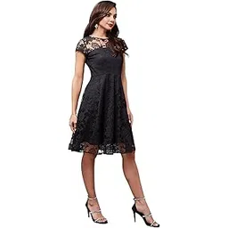 miss chase Women's Round Neck Cap Sleeve Lace Solid Embellished Mini Skater Dress-picture-33