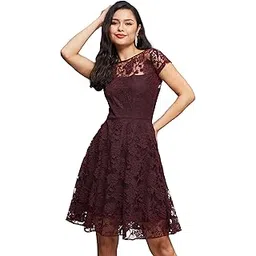 miss chase Women's Round Neck Cap Sleeves Low Back Lace Skater Knee-Length Dress-picture-26