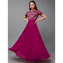 Miss Chase Women's Round Neck Half Sleeve Self-Designed Fit & Flare Georgette Maxi Dress image 1