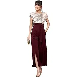 miss chase Women's Round Neck Short Sleeve Embellished Front Slit Fringed Regular Jumpsuit with Pockets-picture-30