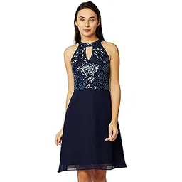miss chase Women's Round Neck Sleeveless Solid Sequin Flowy Knee-Long Georgette Skater Dress-picture-19