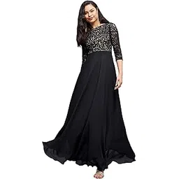 miss chase Women's Self Design Boat Neck 3/4 Sleeves Side Pocketed Georgette Fit and Flare Maxi Length Dress-picture-35