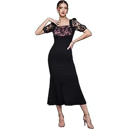 miss chase Women's Square Neck Puff Sleeve Solid Lace Overlaid Ankle Length Dress (Plus-picture-16