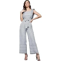 miss chase Women's Striped Square Neck Frilled Crepe Relaxed Fit Tie-Up Regular Jumpsuit with Pockets-picture-14