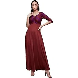 miss chase Women's Sweet-Heart Neck 3/4 Sleeve Self Design Fit & Flare Maxi Dress with Pockets-picture-33