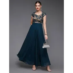 Miss Chase Women's Teal Floral V - Neck Cap Short Sleeves Lace Overlaid Fit & Flare Paneled Maxi Dress-picture-11