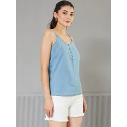 Miss Chase Women's V Neck Sleeveless Cotton Solid Denim Spaghetti Top-picture-15