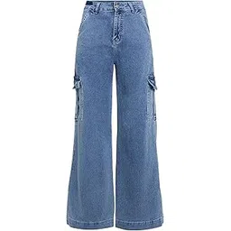 miss chase Women's Wide Leg High Rise Regular Length Stretchable Flared Cargo Style Denim Jeans-picture-37