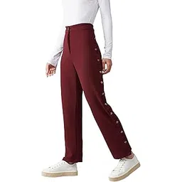 miss chase Women's Wine Red Solid Side Opening Regular Fit Flared Trouser with Snap Buttons-picture-12