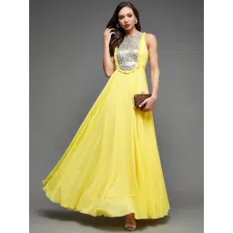 Miss Chase Yellow Georgette Embellished Sleeveless Dress-picture-19