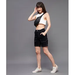 Solid Women Denim Black Denim Shorts-image-3