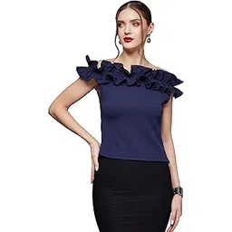 Miss Chase Women's Navy Blue Designer Off Shoulder Sleeveless Solid Slim Fit Ruffled Frilled Gathered Bardot Top-picture-14
