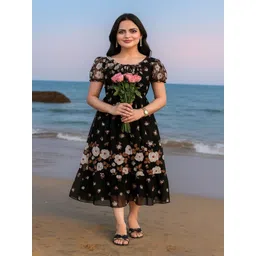 MISS CLOTHING Women Floral Printed Puff Sleeve Layered Georgette Fit & Flare Midi Dress-picture-11