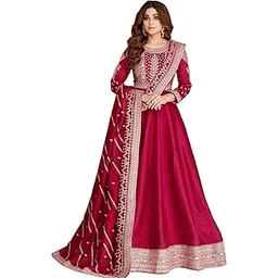 Miss Ethnic Hub's Pink Color Anarkali Gown with Dupatta for Women, Chinnon Fabric-picture-10