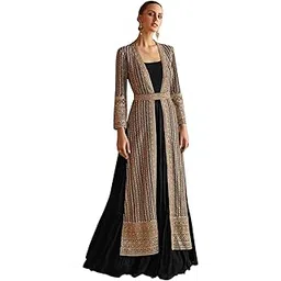 miss ethnik Women's Black Faux Georgette Full Sleeve Embroidered Gown with Jacket and Belt (ME-1259)-picture-33