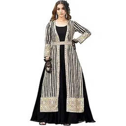 miss ethnik Women's Black Faux Georgette Full Sleeve Embroidered Gown with Jacket and Belt (MER-1259)-picture-32