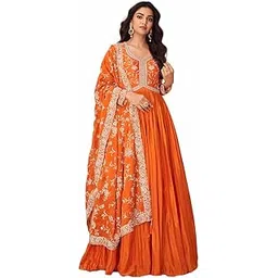 miss ethnik Women's Pink Chinon Stitched Gown with Dupatta Full Sleeve Embroidered Anarkali Gown (ME-1244)-picture-51