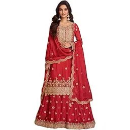 miss ethnik Women's Red Chinon Stitched Top with Stitched Chinon Bottom and Chinon Dupatta 3/4 Sleeve Embroidered Straight Kurta (ME-1217)-picture-44