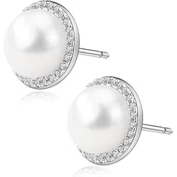 92.5 Sterling Silver Halo Pearl Stud Earrings, Freshwater Pearl Studs, Pearl Edit Collection, Gifts for Women & Girls, BIS Hallmarked-image-11