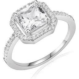 92.5 Sterling Silver Sparkling Square Solitaire Halo Ring, Square Engagement Ring, Elegant Whites Collection, Gift for Girls and Women, BIS Hallmarked-image-28