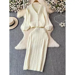 miss mosa by akanksha Alamode By Akanksha Beige Crystella Winter Pure Wool Co-Ord Set - Set of Sweater And Skirt-picture-20