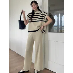 miss mosa by akanksha Alamode By Akanksha Beige Matsel Ribbed Summer Co-Ord Set-picture-26