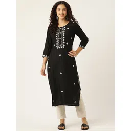 MissKurti Women Black Ethnic Motifs Yoke Design Thread Work Kurta-picture-37