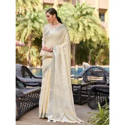 Mitera Beige & Grey Floral Embroidered Zari Pure Linen Banarasi Saree-picture-33