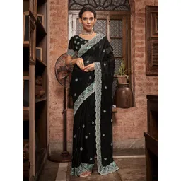 Mitera Black Floral Embroidered Sequinned Pure Chiffon Saree-picture-30