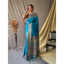 Mitera Blue & Pink Ethnic Motif Woven Design Zari Paithani Saree-picture-10