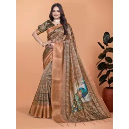 Mitera Ethnic Motifs Printed Zari Banarasi Saree with Zari Border-picture-33
