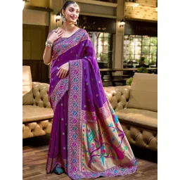 Mitera Ethnic Motifs Zari Silk Blend Handloom Paithani Saree-picture-24