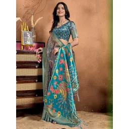 Mitera Floral Printed Zari Work Banarasi Saree With Blouse-picture-42