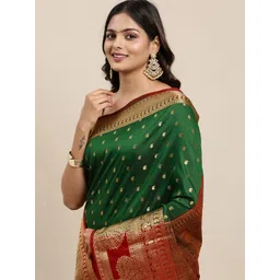 Mitera Green & Gold-Toned Woven Design Zari Silk Cotton Banarasi Saree-picture-20