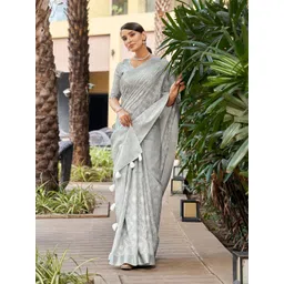 Mitera Grey & White Floral Embroidered Zari Pure Linen Banarasi Saree-picture-23