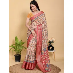 Mitera Kalamkari Printed Zari Pure Linen Banarasi Saree-picture-17