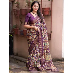 Mitera Kalamkari Printed Zari Saree With Unstitched Blouse Piece-picture-26